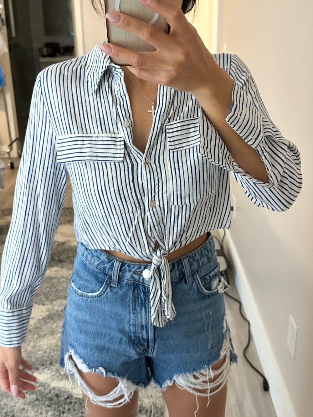 2 top . Zara White. Target Navy Striped Tie-Front Button Down Shirt